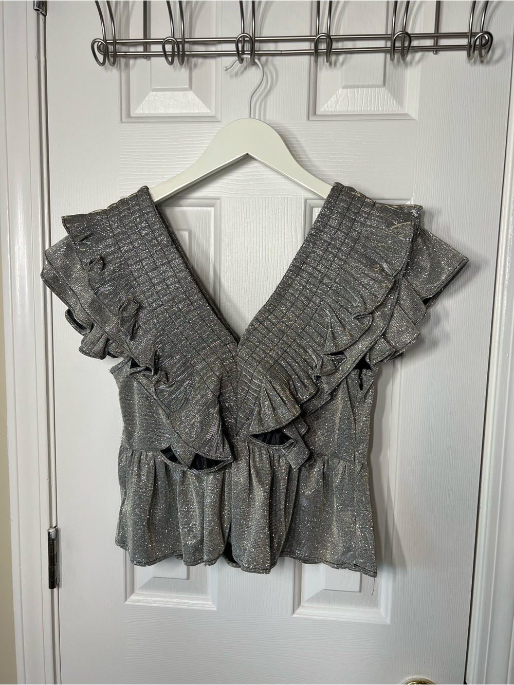 Women's Silver Ruffle V-Neck Blouse with Sparkle